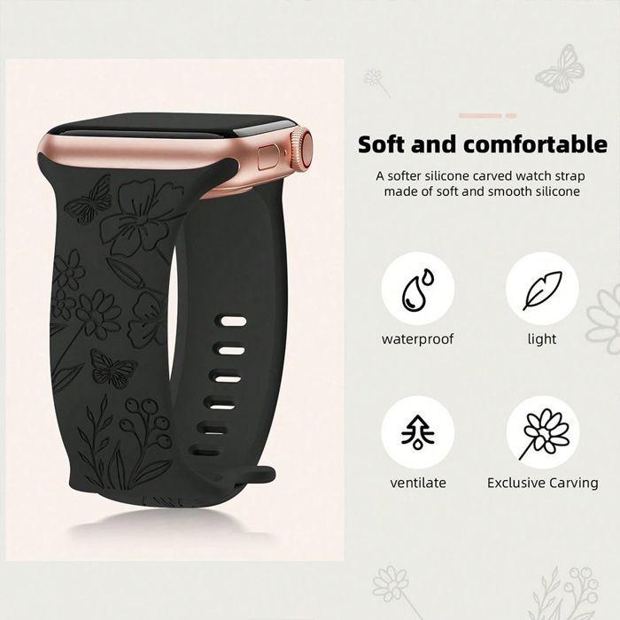 2x Bracelet pour Apple Watch 38mm-40mm-41mm Series 9 8 SE 7 6 5 4 3 2 1 / Serie 10 (42mm) Silicone Motif Papillon - Noir et Rose