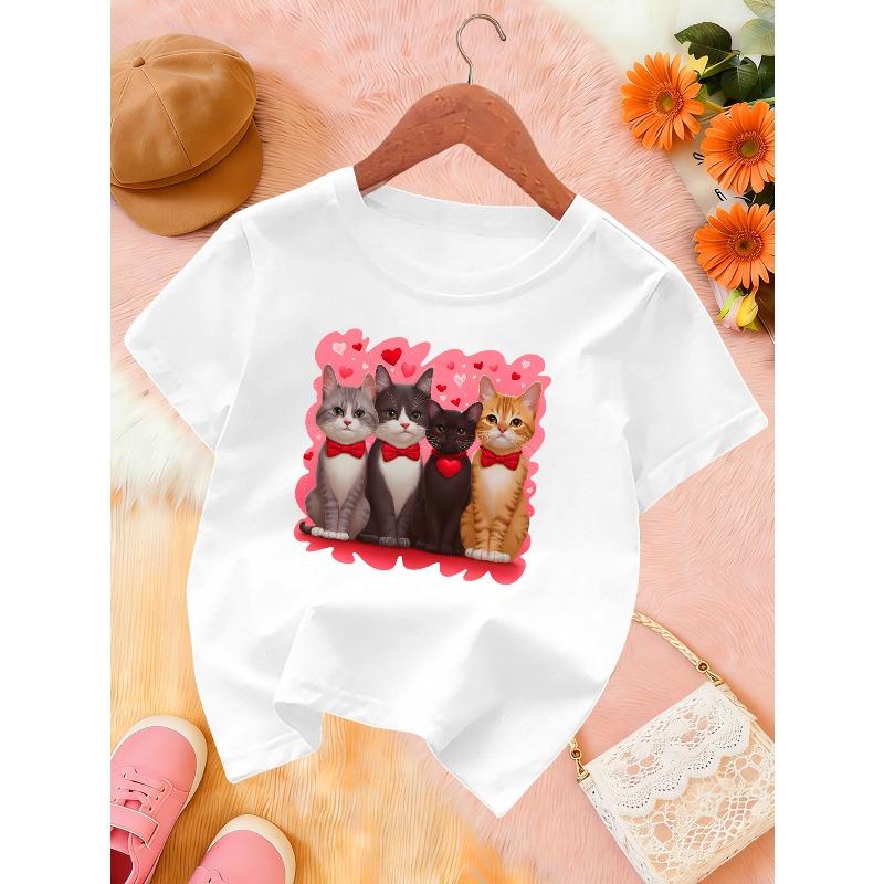 Kids Crewneck T-Shirt, Cute Cartoon Kitten Print