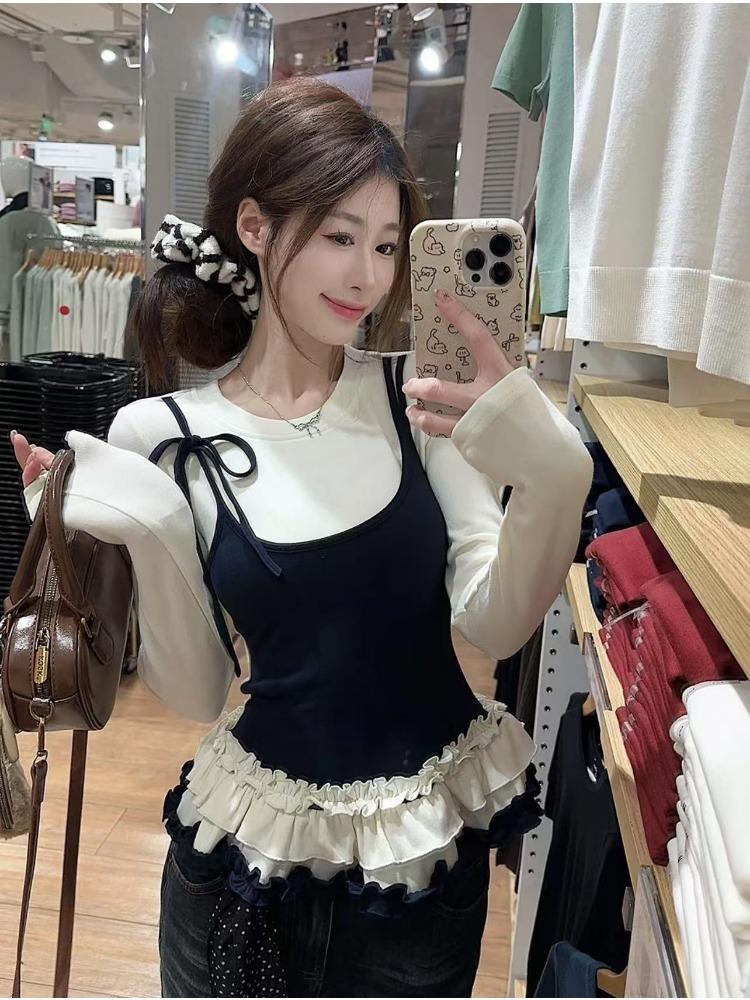 Корейские женские футболки Fake Two Chic Tees Длинные рукава О-образный вырез Оборки Милые майки Бандаж Повседневные футболки Y2k