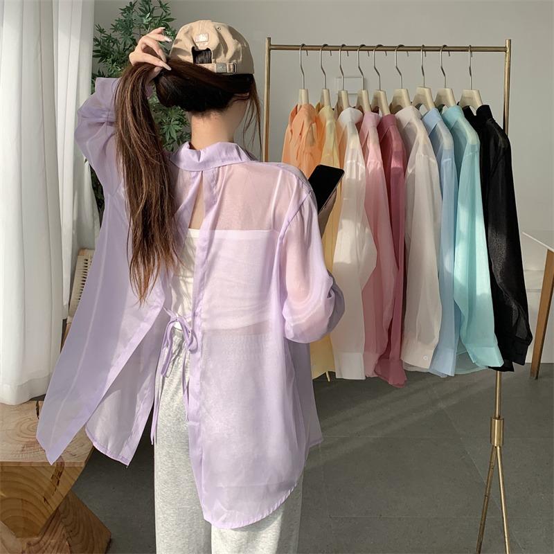 Back Split Lace-up Casual Loose Shirts Women Fashion New See Through Long Sleeve Women's Blouses Thin Breathable Sun Protection Office Lady Tops 26108