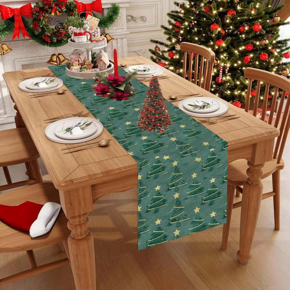 Plush Embroidered Christmas Tree Table Runner Embossed Design Long Christmas Table Cover Rectangular Dining Tablecloth