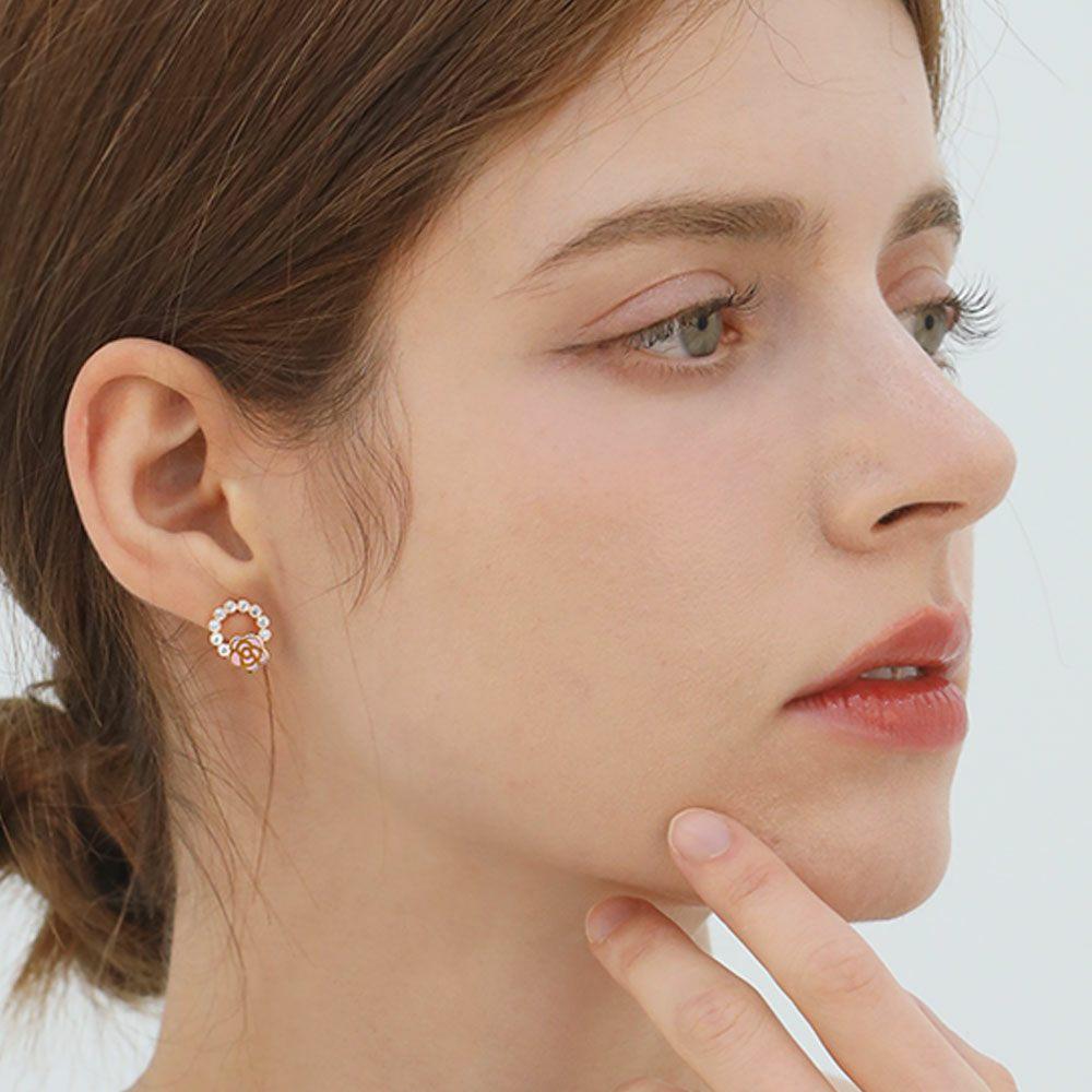 [Merry-Grin] Rose Round Cubic Silver Needle Earrings