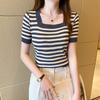 Black and White Ice Silk Striped Knitted Shirt Short Sleeved T-shirt for Women's Summer Front Shoulder Thin Square Neck Short Top