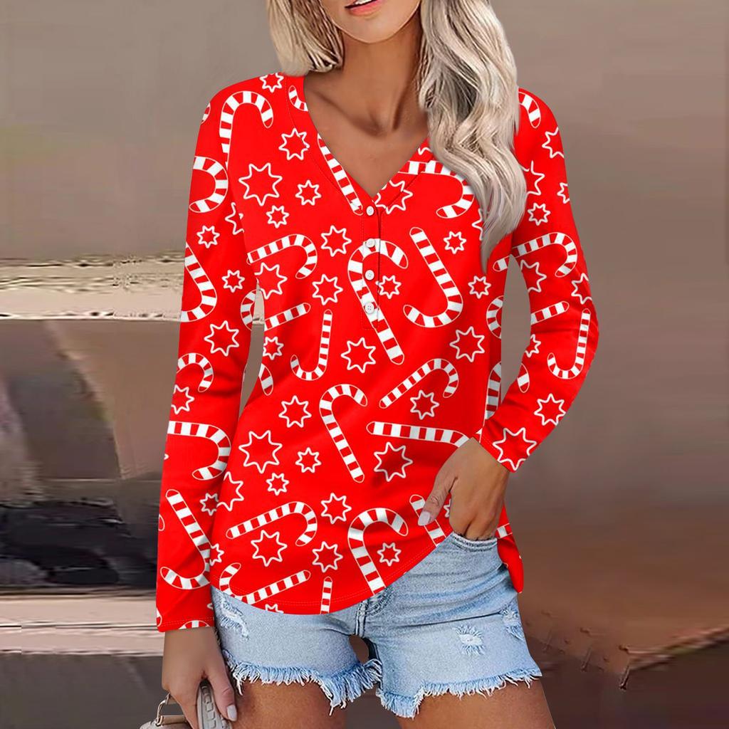 Women's Casual Fashion Sexy Comfort Christmas Printed V-Neck Button Long Sleeve