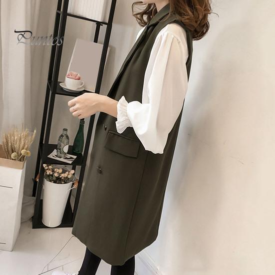 Осень-весна женский жилет с отложным воротником двубортный свободный без рукавов до колена карманы кардиган сплошной цвет повседневная одежда жилет пальто