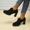 Мода 2024 года, новые черные туфли из кожи, замшевые женские туфли на толстом каблуке, повседневные туфли на высоком каблуке на весну и осень со шнуровкой спереди