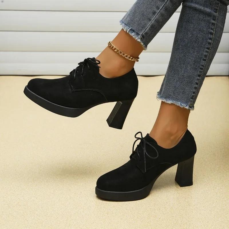 Мода 2024 года, новые черные туфли из кожи, замшевые женские туфли на толстом каблуке, повседневные туфли на высоком каблуке на весну и осень со шнуровкой спереди
