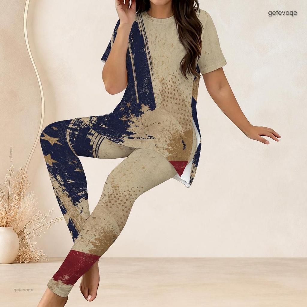Women Plus Size Round Neck Short Sleeve American Flag Printed Long Top Fitted Pants Two Piece Set