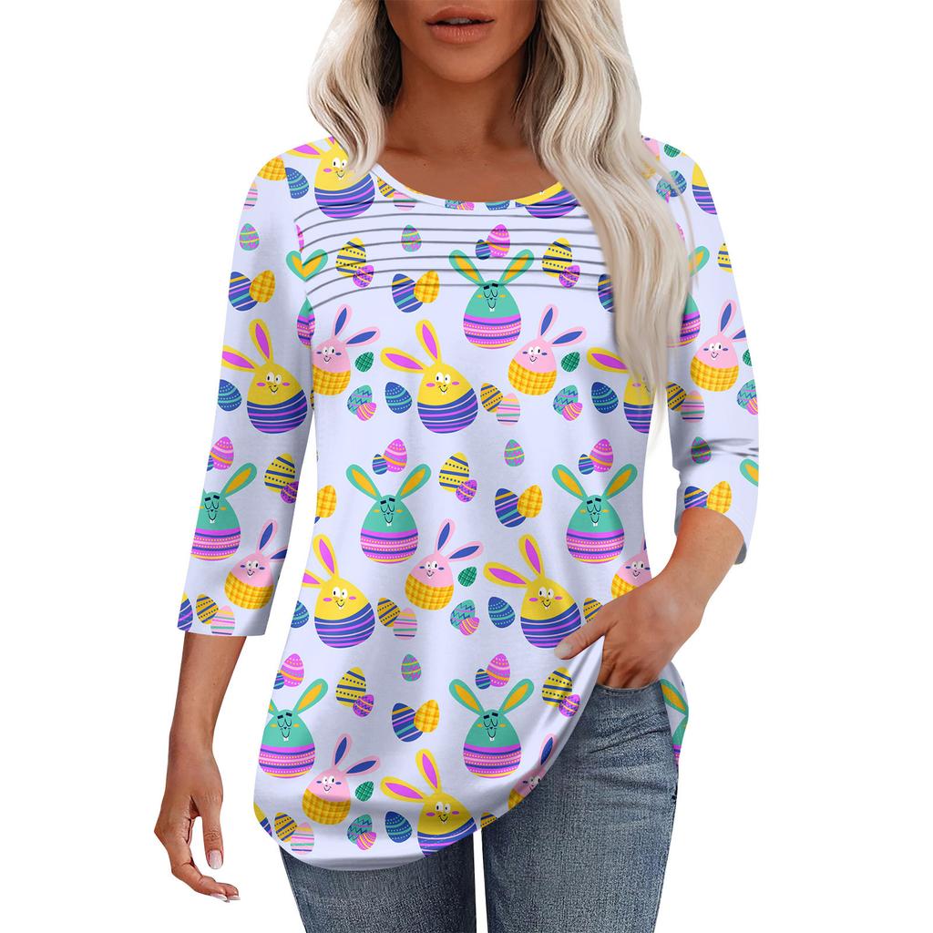 Женская мода круглый вырез шея плиссированная передняя планка с принтом рукав 3/4 топ