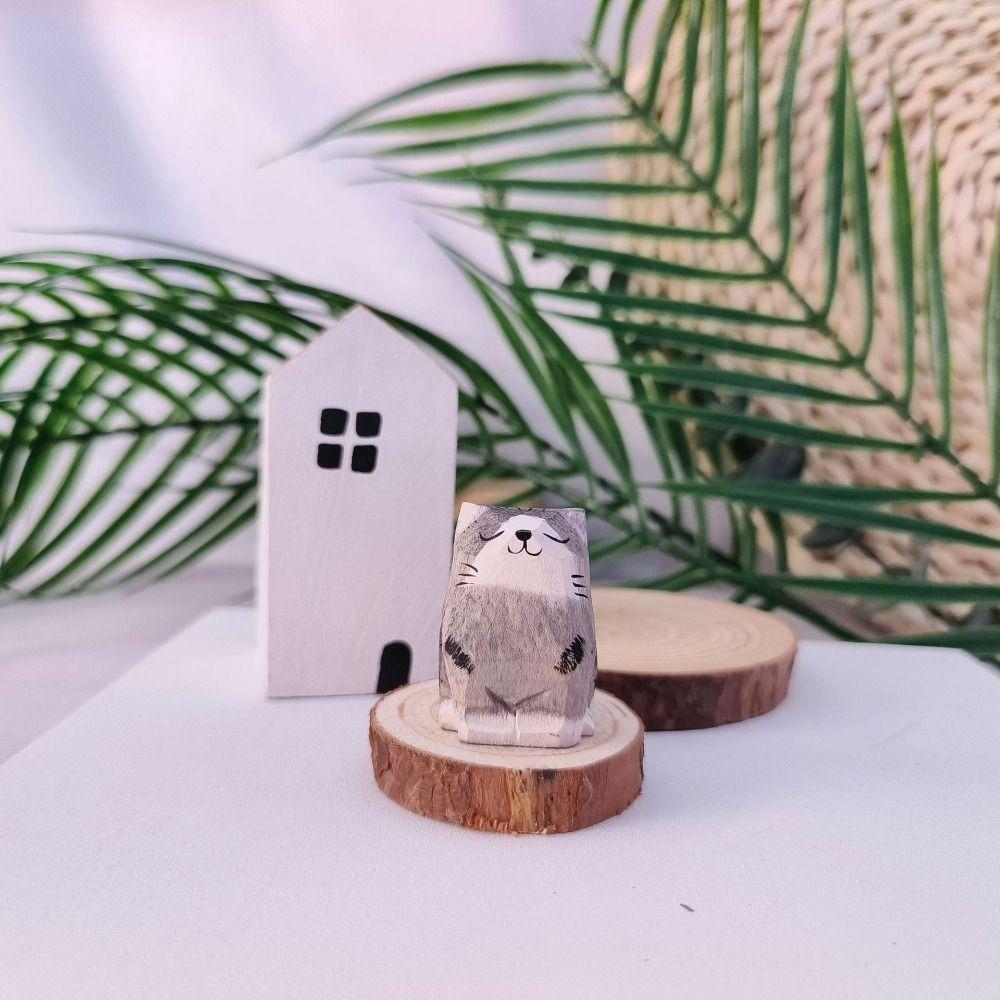 Mini Cat Dog Statues Painted Small Animal Dolls Desktop Accessories Wooden Animal Figurine Home