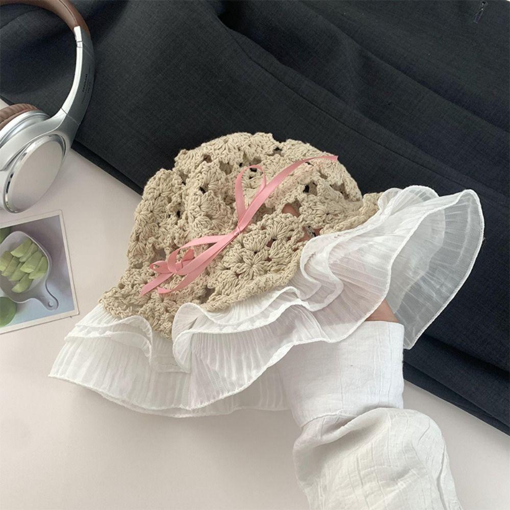 Weave Straw Hat Wide Brim Bow Knot Hat Breathable Fisherman Hat Outdoor Sports