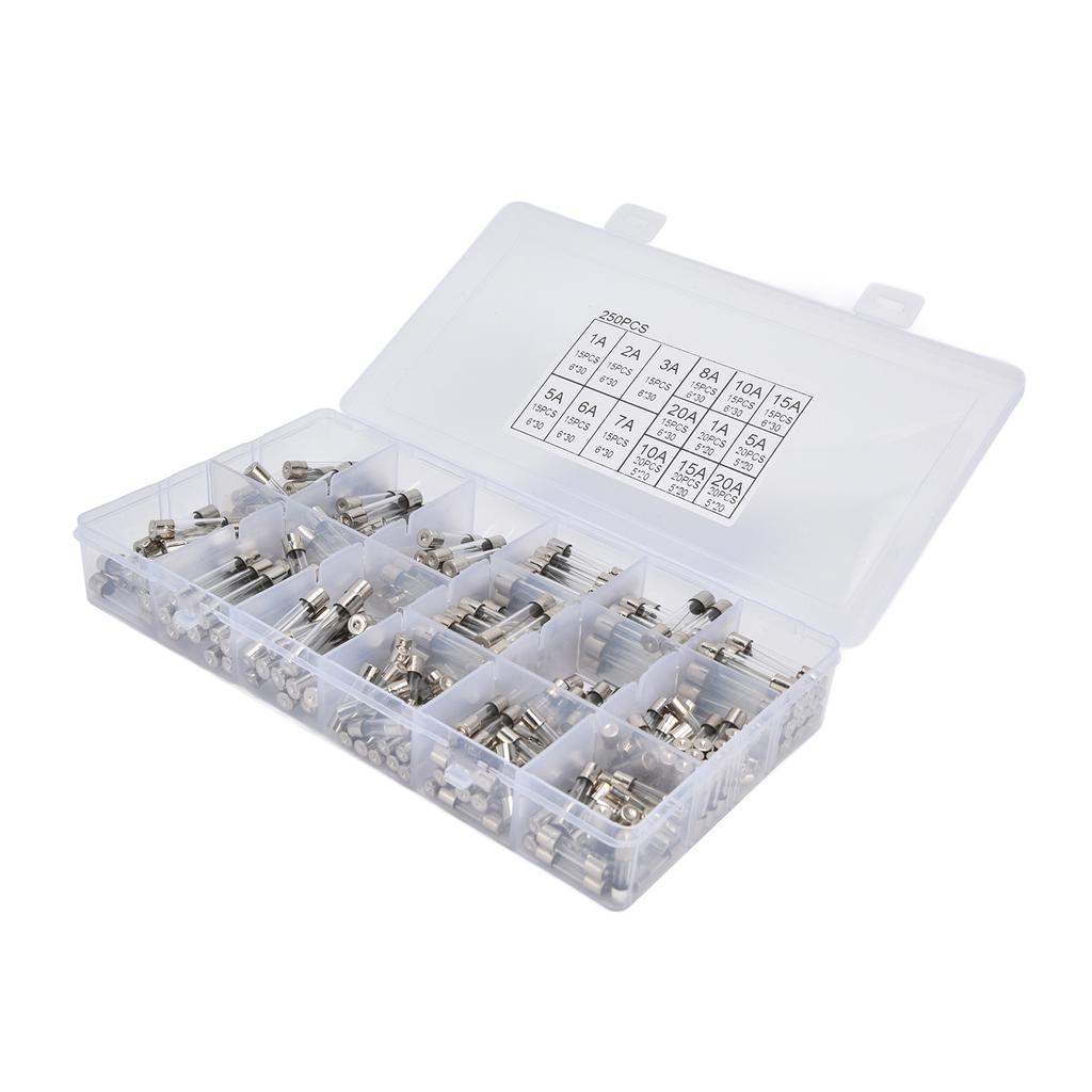 250 шт. стеклянных предохранителей в коробке, автомобильный набор для быстрого перегорания трубок, 15 видов спецификаций 1‑20 А