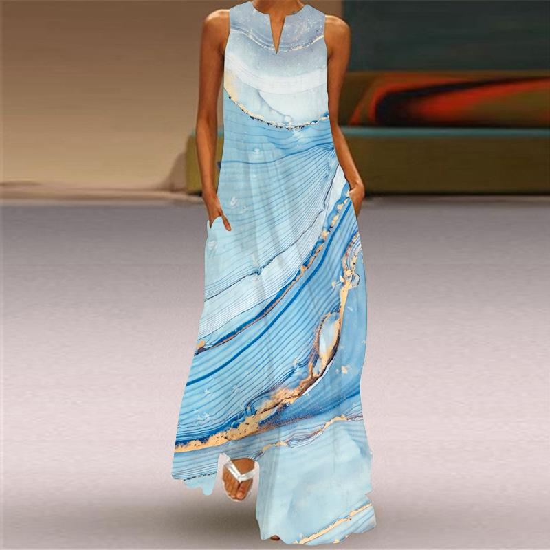 2026 New Summer Women's Sleeveless V-Neck Printed Sexy Dress Long Dress European and American Women's Clothing