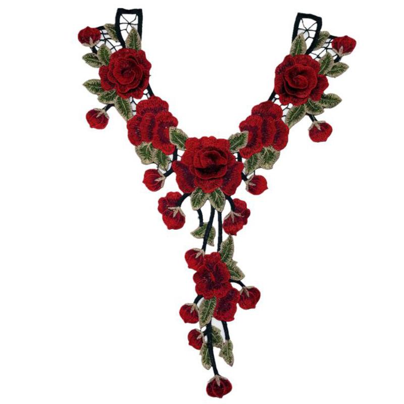 Вышитое красное платье с красными розами и флорой, аппликации, пришитое из кружевной ткани, воротник с вырезом для свадебного украшения, платье «сделай сам»