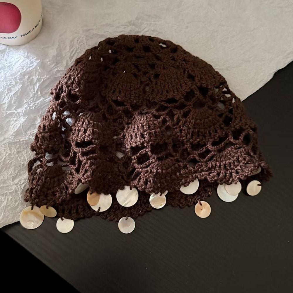 Thin Shell Tassels Hat Elegant Bohemian Style Beanies Sweet Hollowed Out Knitted Hat Spring Summer