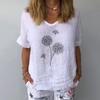 Short Sleeved Cotton and Linen Loose Casual Dandelion Printed Top