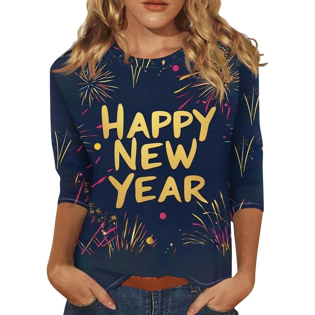 Женская мода повседневная новогодняя принтованная круглая горловина с рукавом три четверти топ Новый год 2025