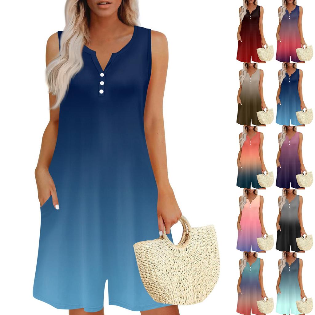 Women's Fashionable And Casual Sleeveless Button-pocket One-piece Shorts