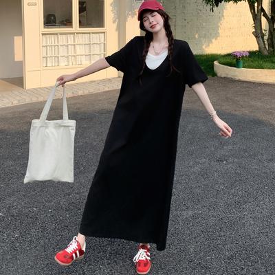 Женское платье 2025 размера плюс летнее винтажное платье базовое длинное повседневное свободное платье-макси черное с эффектом двух частей