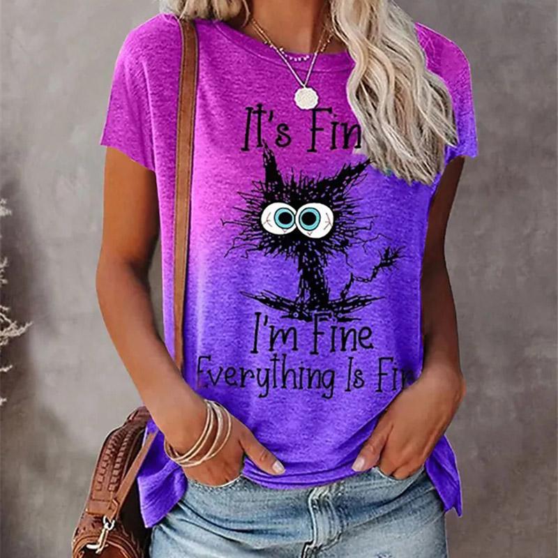 Women Summer T Shirt Line Cat Print Short Sleeve Tees Casual Printed Tops