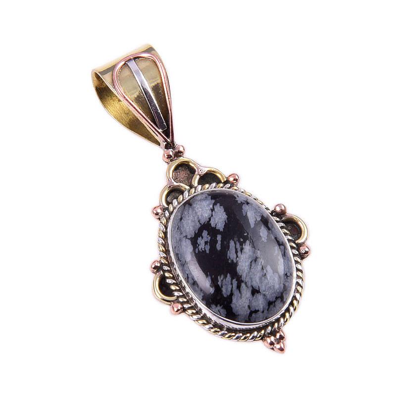 Natural Snowflake Obsidian Gemstone 925 Solid Silver Two Tone Pendant 1.50" V1V27