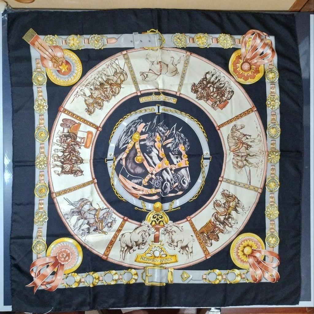 Used Good Condition HERMES Carre 90 Scarf Black Silk Free Shipping