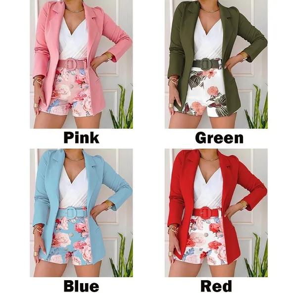 Женский маленький костюм, модный офисный деловой костюм из двух предметов, повседневный костюм с длинными рукавами и принтом, куртка + шорты, комплект из 2 предметов