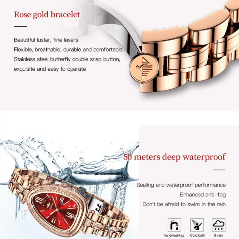 OUPINKE Новые женские часы для бизнеса и отдыха, бренд Tide, инкрустированный бриллиантами змеевидный циферблат, водонепроницаемые кварцевые часы высокого класса