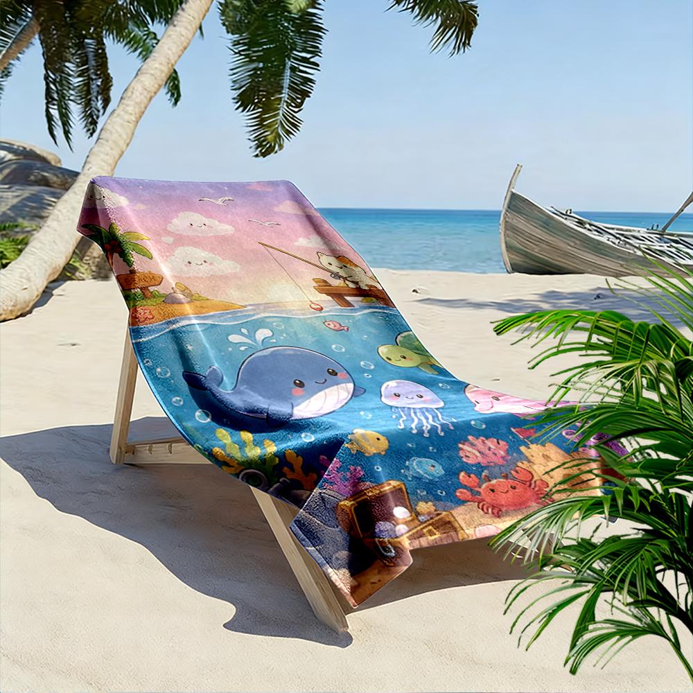 Cute Cartoon Ocean Animals and Fishing Cat Beach towel quick-drying for travel outdoor sports jogging beach and swimming