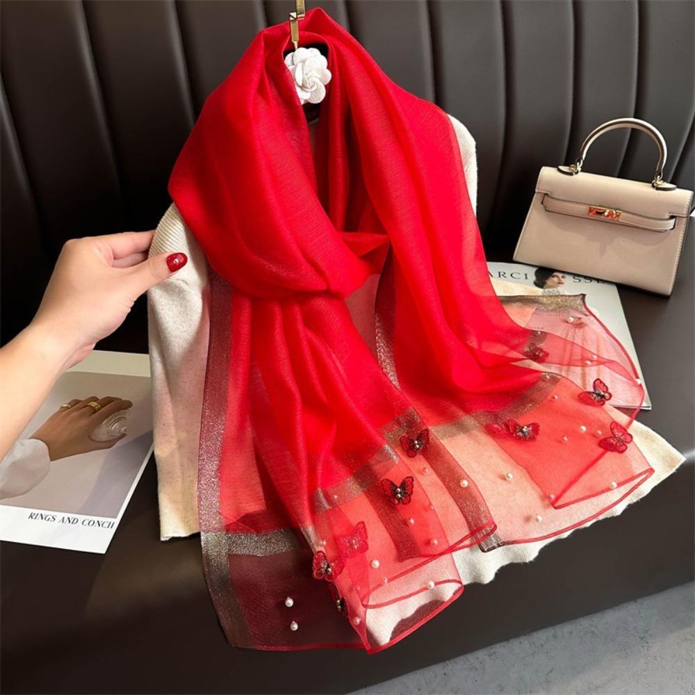 Thin Butterfly Embroidery Scarf Pearl Women Hijab Shawls Elegant Silk Scarf Lady