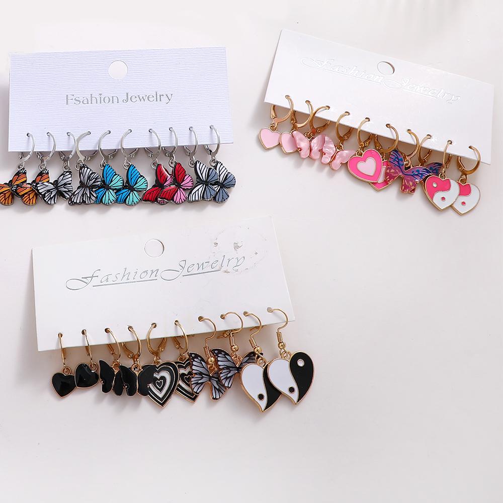 10 шт. Металлический набор серег-колец в форме сердца с бабочкой для женщин, девочек, модные красочные серьги-подвески с эмалью, трендовые ювелирные изделия, подарки