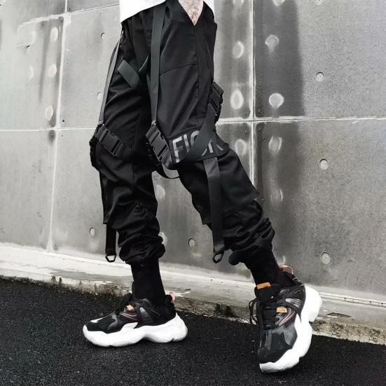 Мужские брюки-карго в стиле хип-хоп, индивидуальные прямые брюки с ремешком, декор, сплошной цвет, глубокая промежность, свободная уличная одежда, эластичная талия, мужские брюки с ремешками на щиколотке