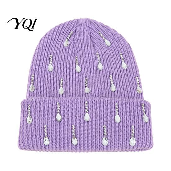 Elastic Skull Cap for Daily Wear Waterdrop Rhinestone Knit Hat, Bling Stretchy Winter Cuffed Knitted Sparkling Hats Women Men Cold Weather Hat
