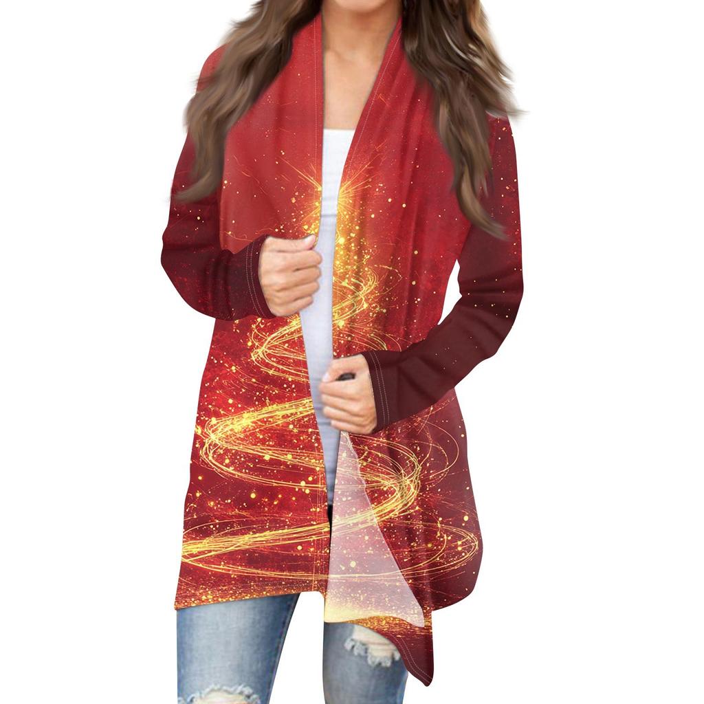 Women's Fashion Christmas Print Jacket Long Sleeve Casual Cardigan Coat