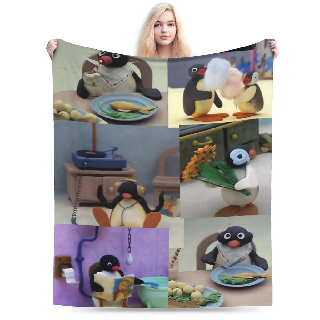 Noot Pingu Fleece Throw Blankets Penguin Cartoon Blankets for Bedding Couch Ultra-Soft Bedding Throws