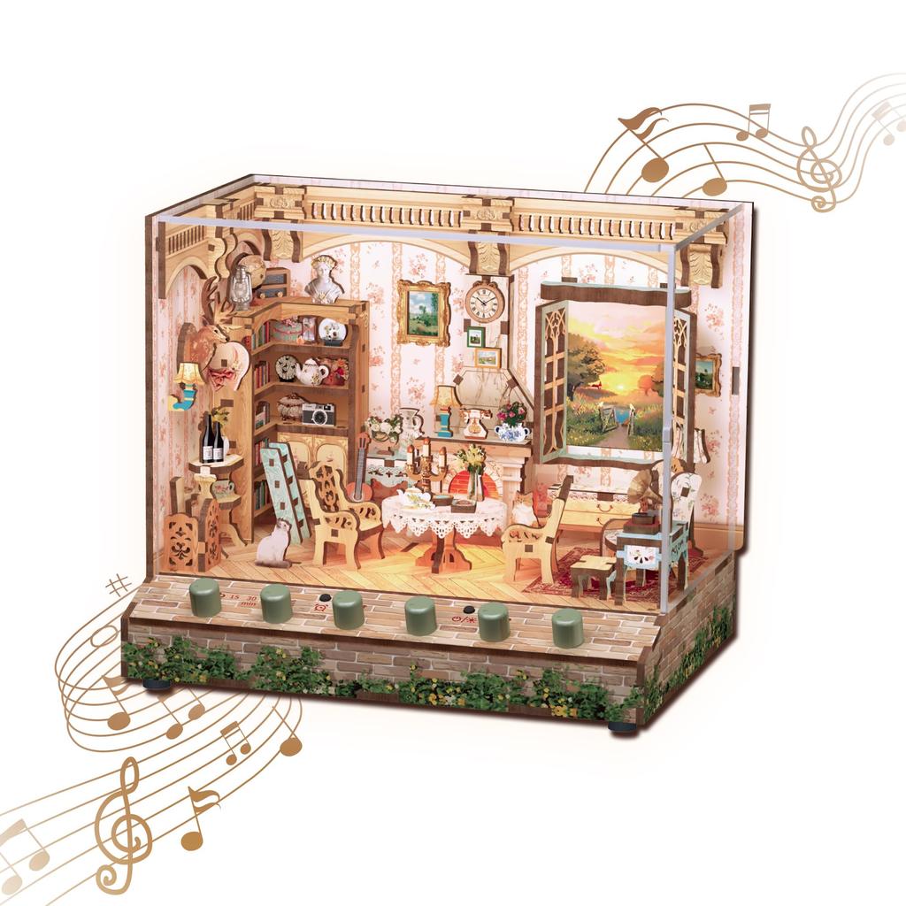 Tonecheer Dollhouse Miniature Handmade Kit DIY Wooden Set Miniature House Kit White Noise 6 Sound Effects with LED Electronic Screen Interior Assembly