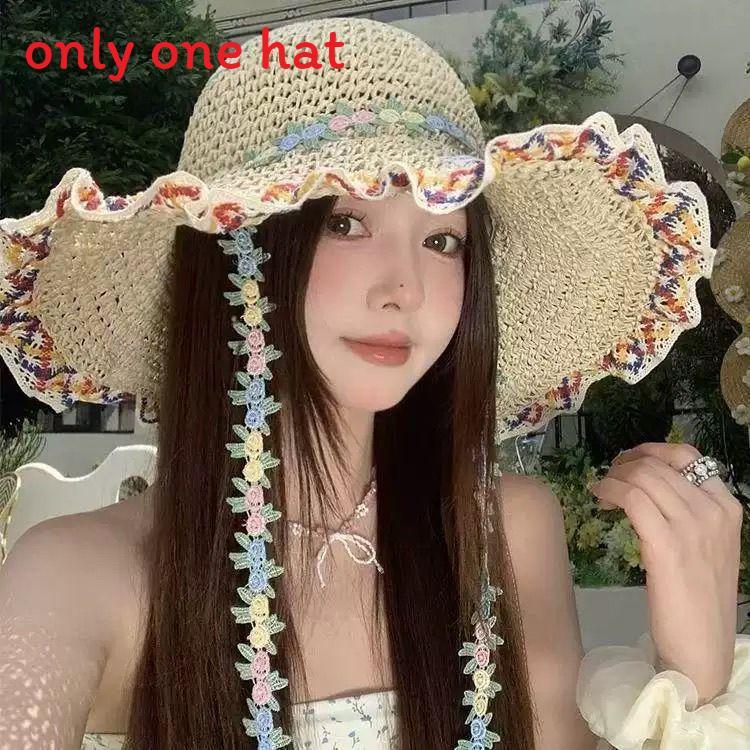 Floral Pattern Wide Brim Straw Hat With Adjustable Fit For Summer Outdoor Wear