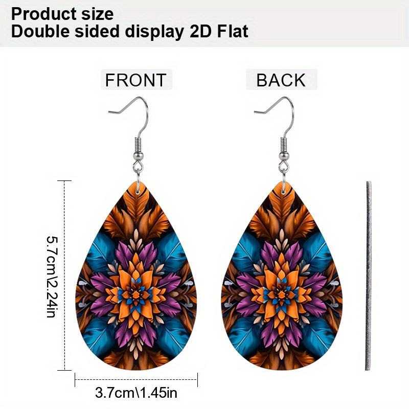 Chic Boho Mandala Floral PU Drop Dangle Earrings for Women, Meditation Theme Colorful Double Sided Hoop Earring, Holiday Party Accessories