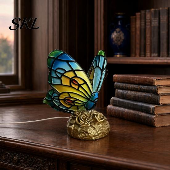 Study Desk Atmosphere Light Cute Bedside Table Lamp, Butterfly Rose Nightstand Lamps, Stained Glass Aged Bronze Carving Lamp Wing Shade, Bedroom Decor
