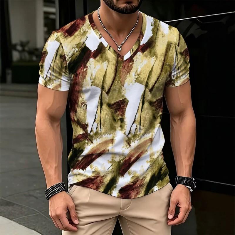 Mens V-Neck Short Sleeve T-Shirt With 3D Creative Print Breathable Cotton Blend Slim Fit Casual Tee