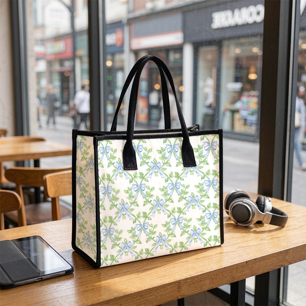 Watercolor Bow Tote Bag Green Leaf Print Casual Shoulder Bag for Daily Use