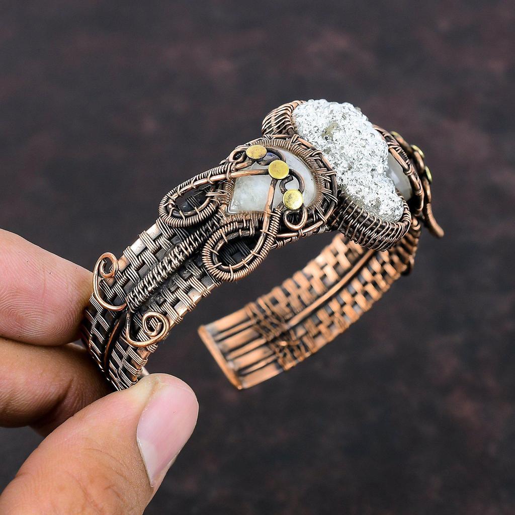 Silver Druzy Bangle Gemstone Cuff Bracelet Copper Wire Wrapped Rainbow Moonstone Bangle Adjustable Cuff Bracelet Handmade Jewelry For Gift