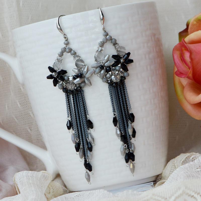 Серьги из бисера, хрустальная округлость, кисточка, цепочка, ручная вязка, богемный сплав, модные простые серьги из рисовых бусин
