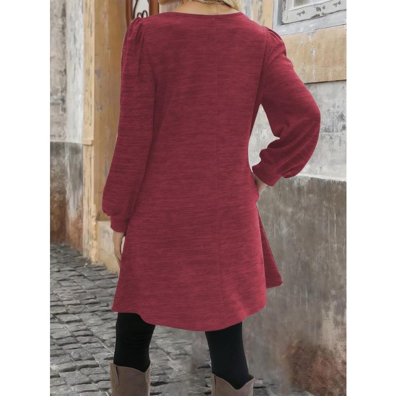 DAFIFY Женская мода весна осень однотонный принт длинный рукав О-образный вырез свободная талия повседневные платья