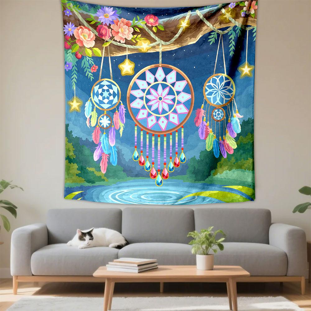 Dreamcatchers in Mystical Night Scene Patterned Tapestry Decorative Wall Hanging, Home Bedroom Living Room Decor