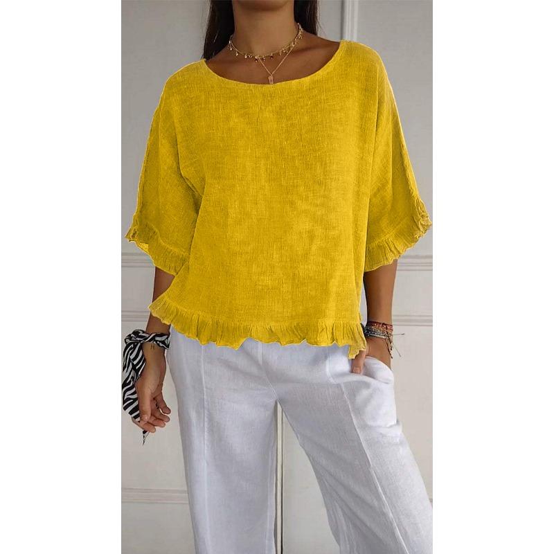 Summer Casual T-Shirt Round Neck Short Sleeved Cotton Linen Blouse Casual Solid Color Loose Pullover Clothes Fit Shirt for Women