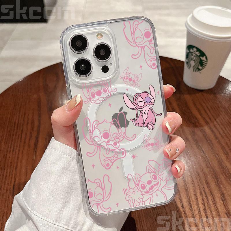 Disney Stitch And Angel Clear Case For Samsung Galaxy S25 S24 S23 S22 S21 Ultra Plus S20 FE For Magsafe Wireless Charging Cover