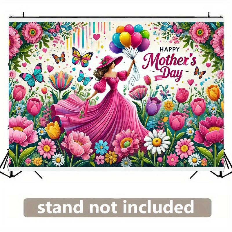Happy Mothers Day floral tapestry colorful butterflies balloons garden party banner outdoor fence decoration spring celebration