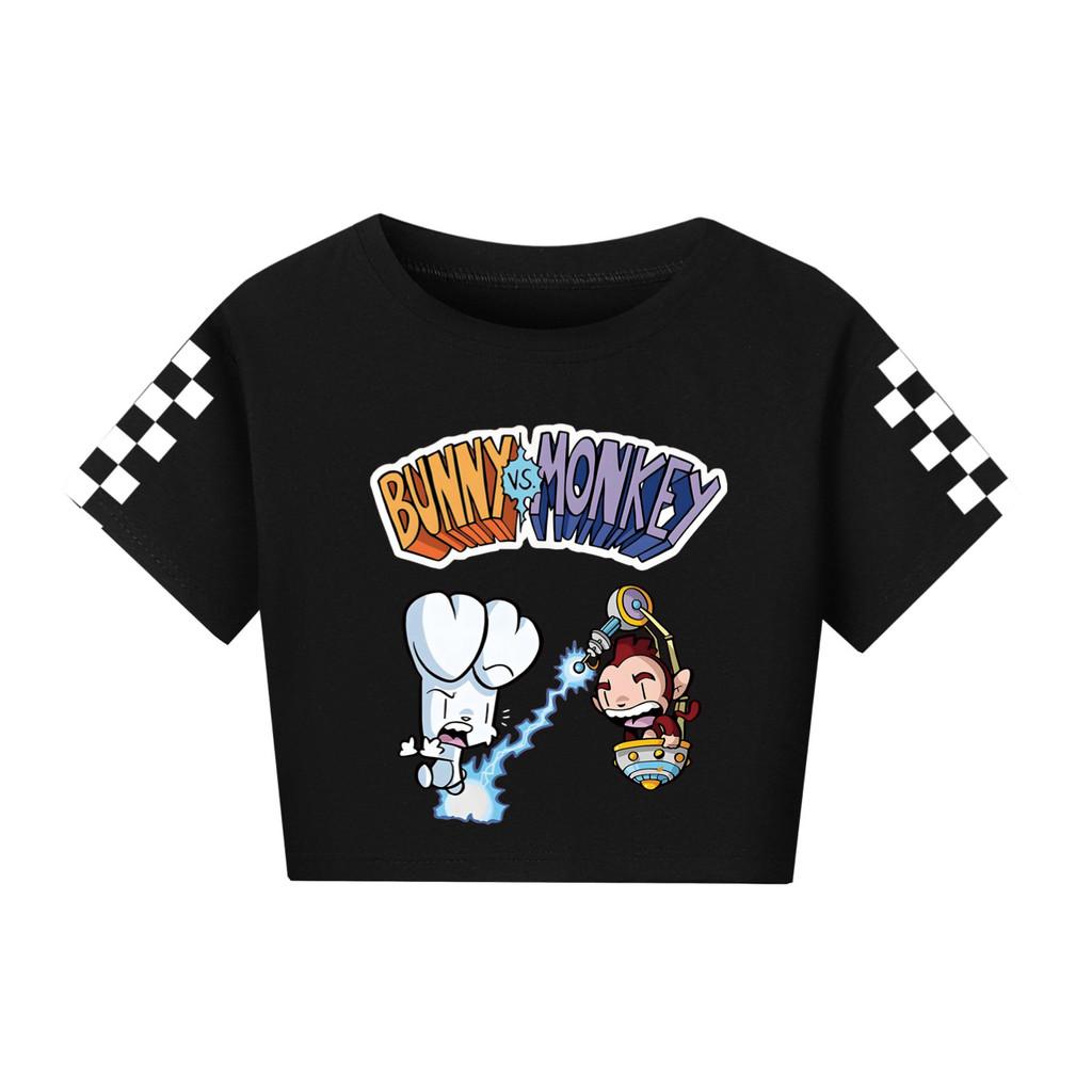 4187 Kid Girls Bunny Monkey Print Short Sleeve Short T-Shirt
