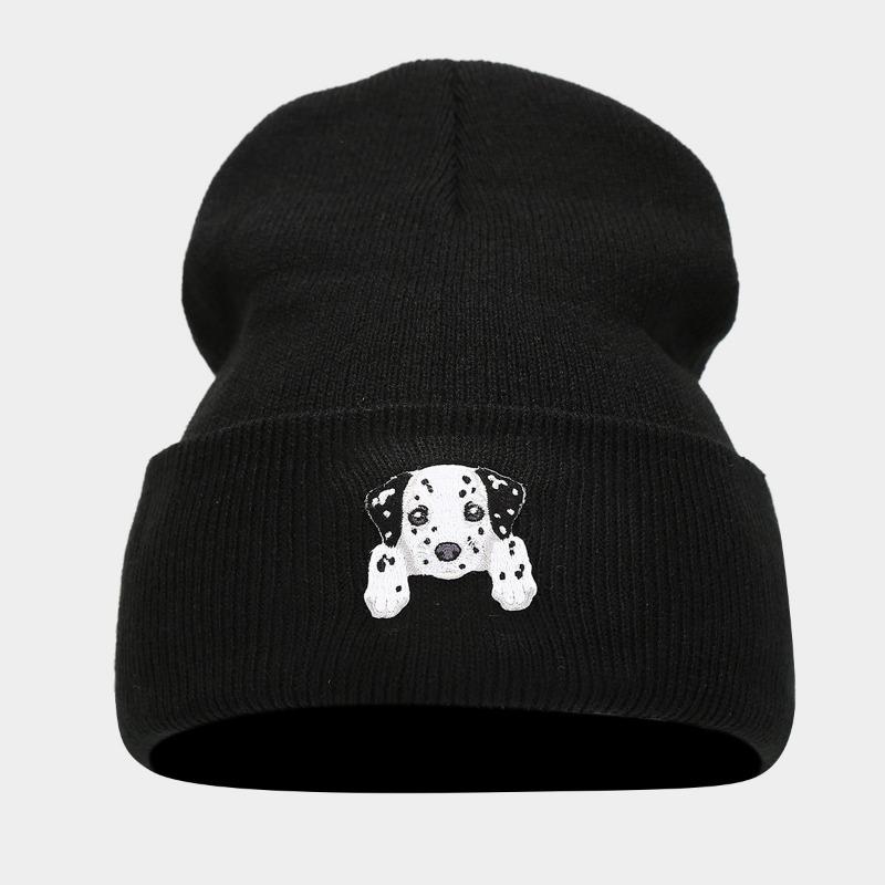 Cute Puppy Head Sticker Knitted Hat Autumn and Winter Street Fashion Crimped Pullover Black Hat